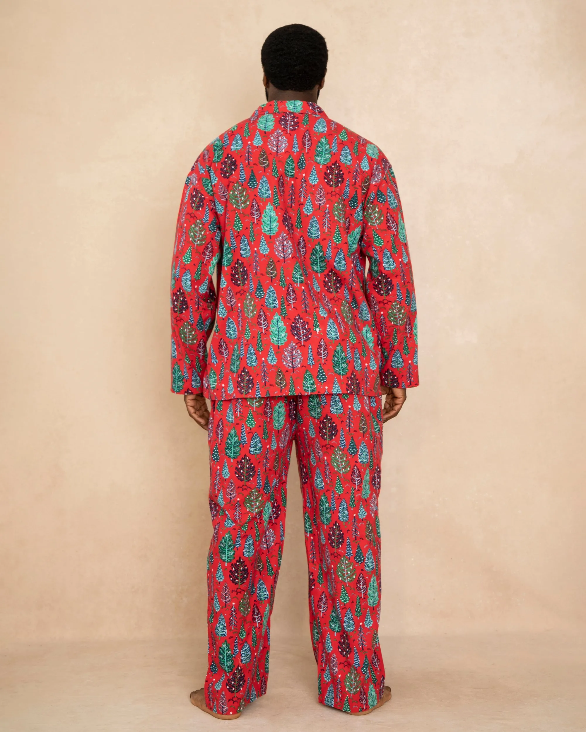 Twinkling Trees - Men's Lightweight Flannel Long PJ Set - Ruby