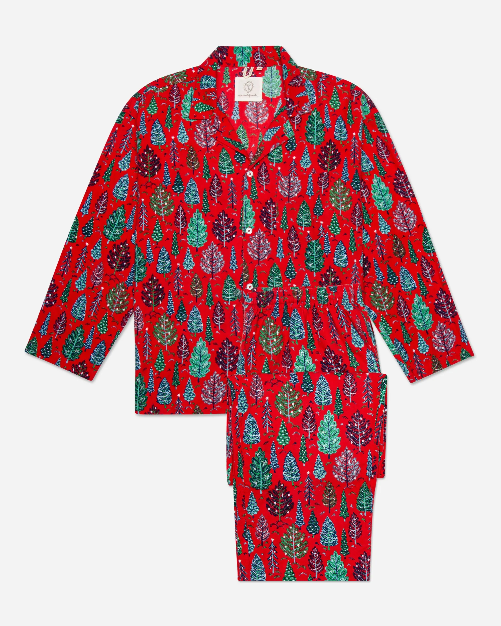 Twinkling Trees - Men's Lightweight Flannel Long PJ Set - Ruby