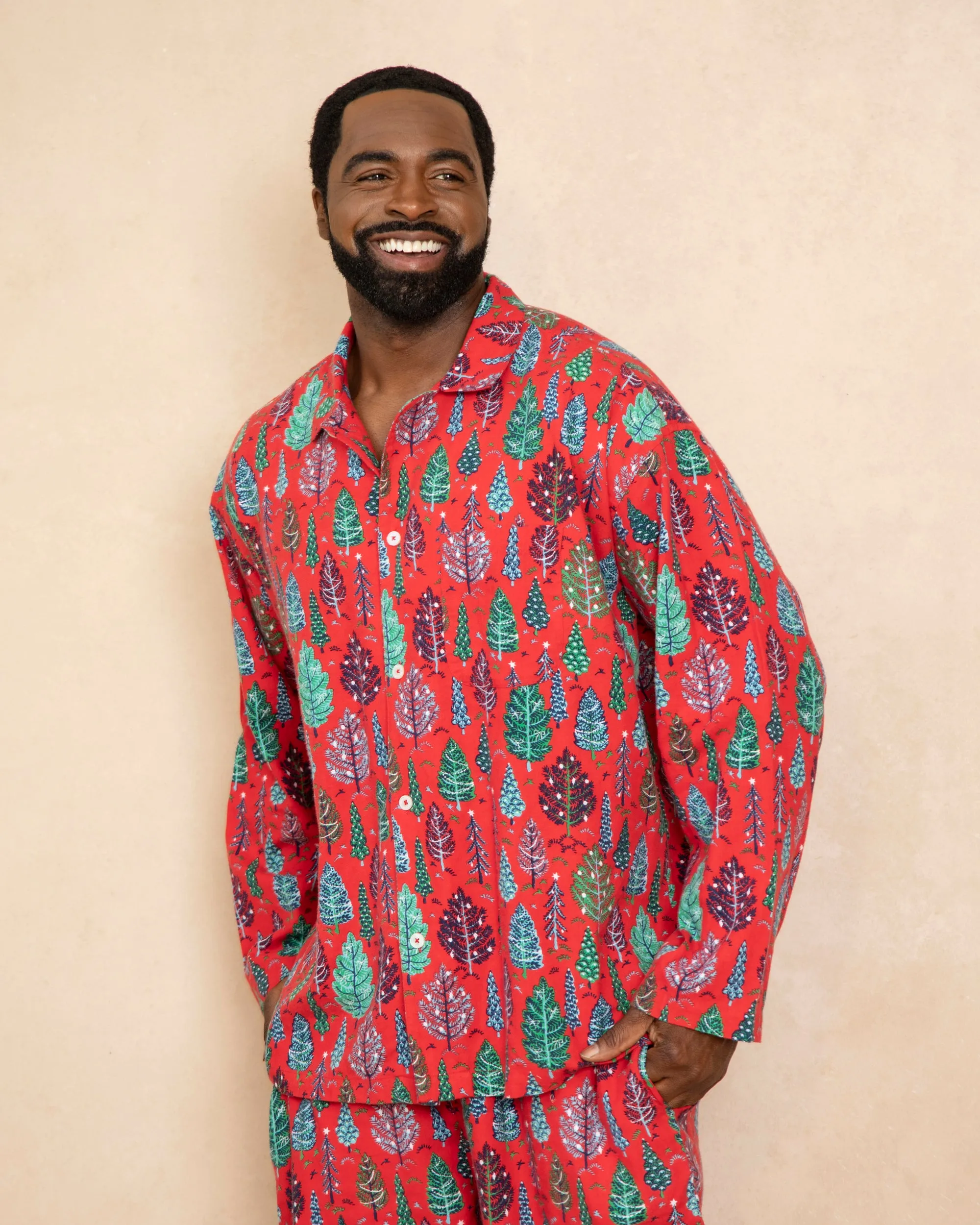 Twinkling Trees - Men's Lightweight Flannel Long PJ Set - Ruby