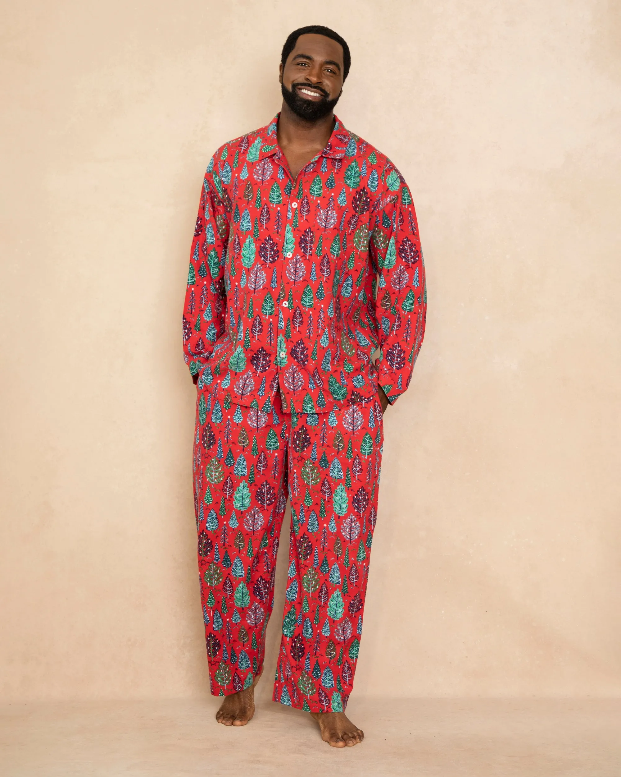 Twinkling Trees - Men's Lightweight Flannel Long PJ Set - Ruby