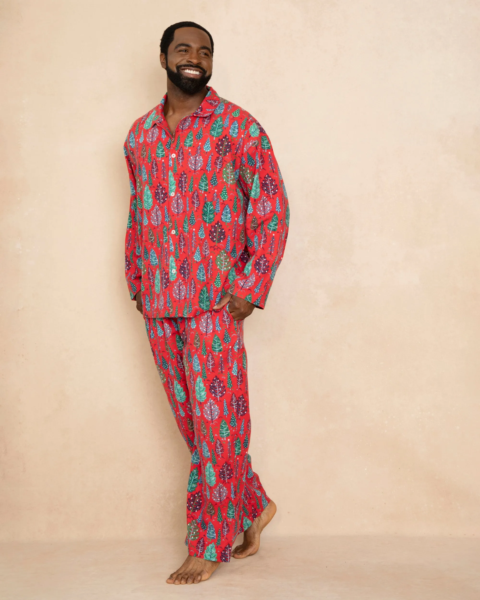 Twinkling Trees - Men's Lightweight Flannel Long PJ Set - Ruby